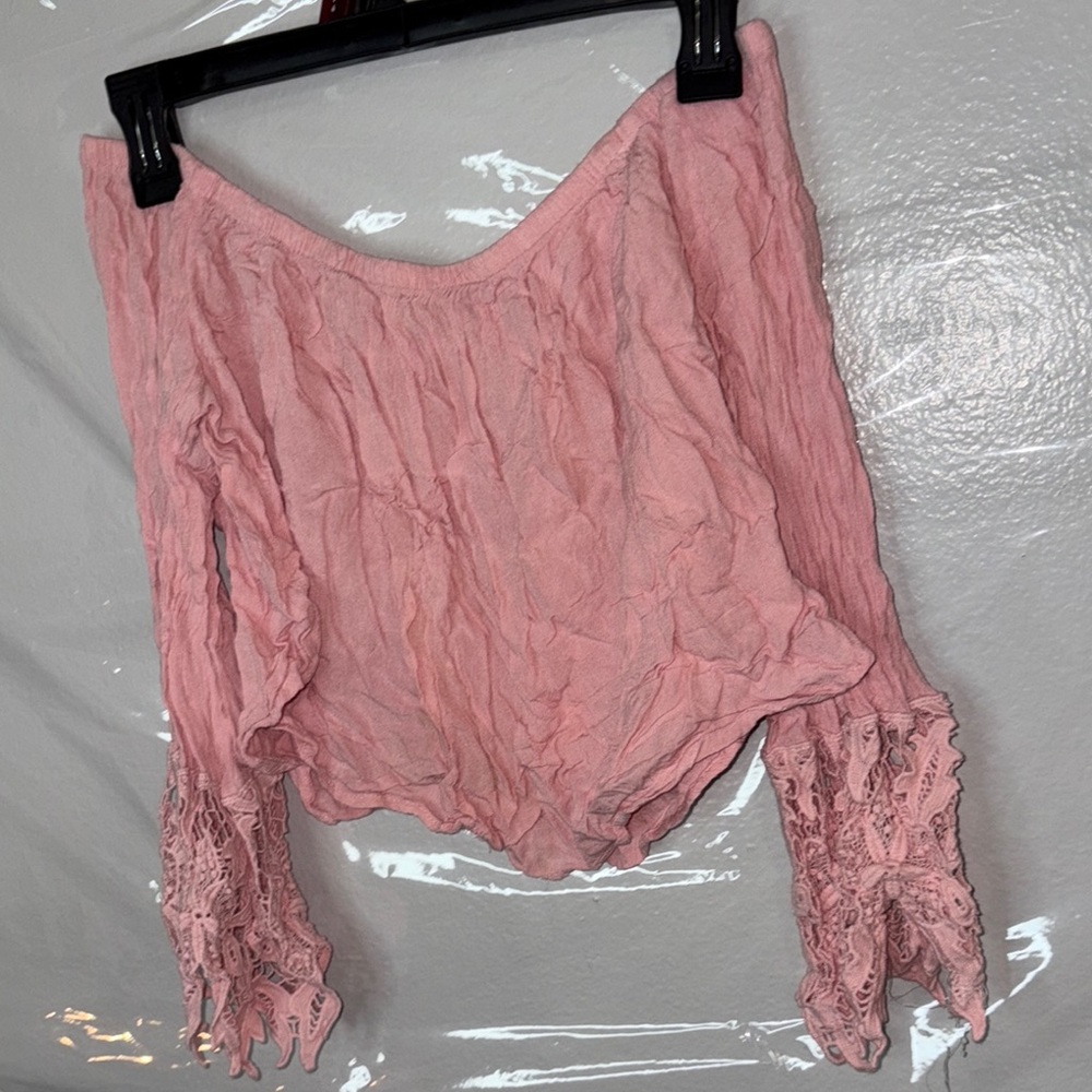 Pink Off-Shoulder Top with Lace Sleeves